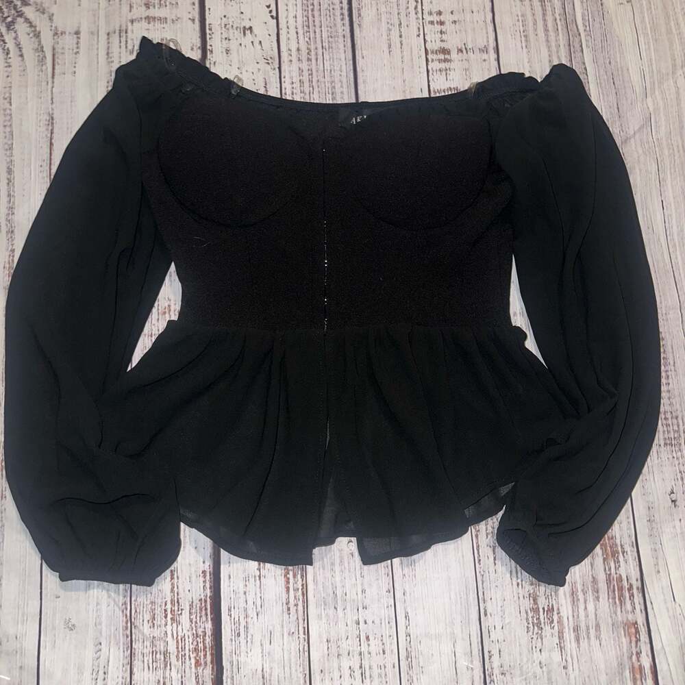 Y2K Black Corset Babydoll Top Puff Sleeve Coquette Blouse-S
